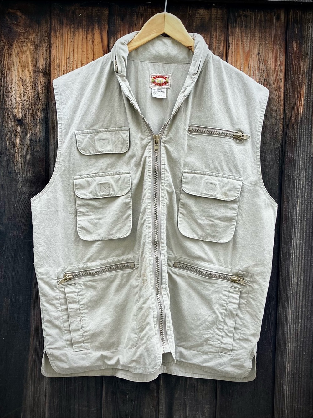 Banana Republic Safari Photographer Fishing Cargo Utility Hood Vest Sz L Vintage